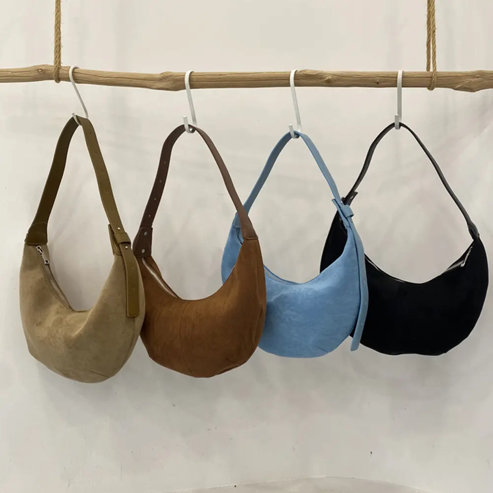 Women Suede Underarm Bag Zipper Closure Hobo Bag Solid Retro Handbag Trendy Clutch Purse for Work Travel