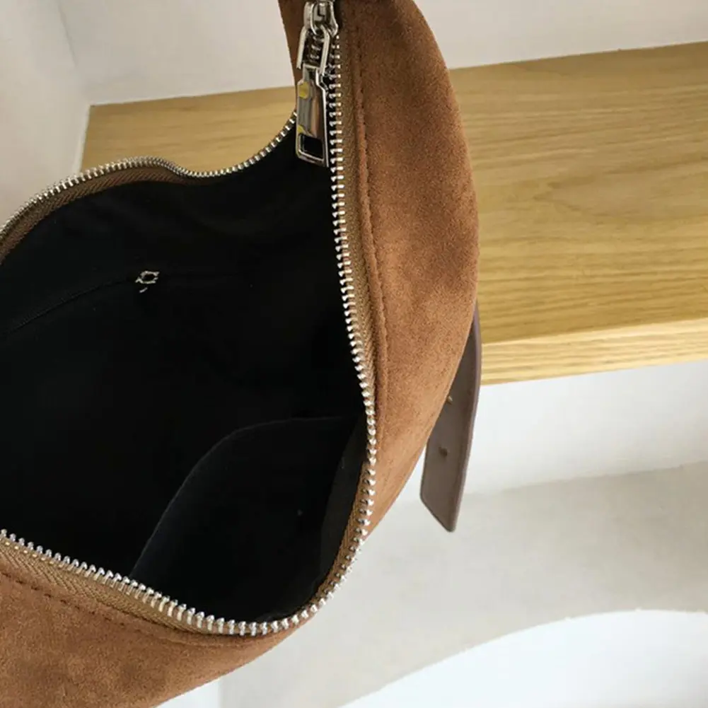 Women Suede Underarm Bag Zipper Closure Hobo Bag Solid Retro Handbag Trendy Clutch Purse for Work Travel