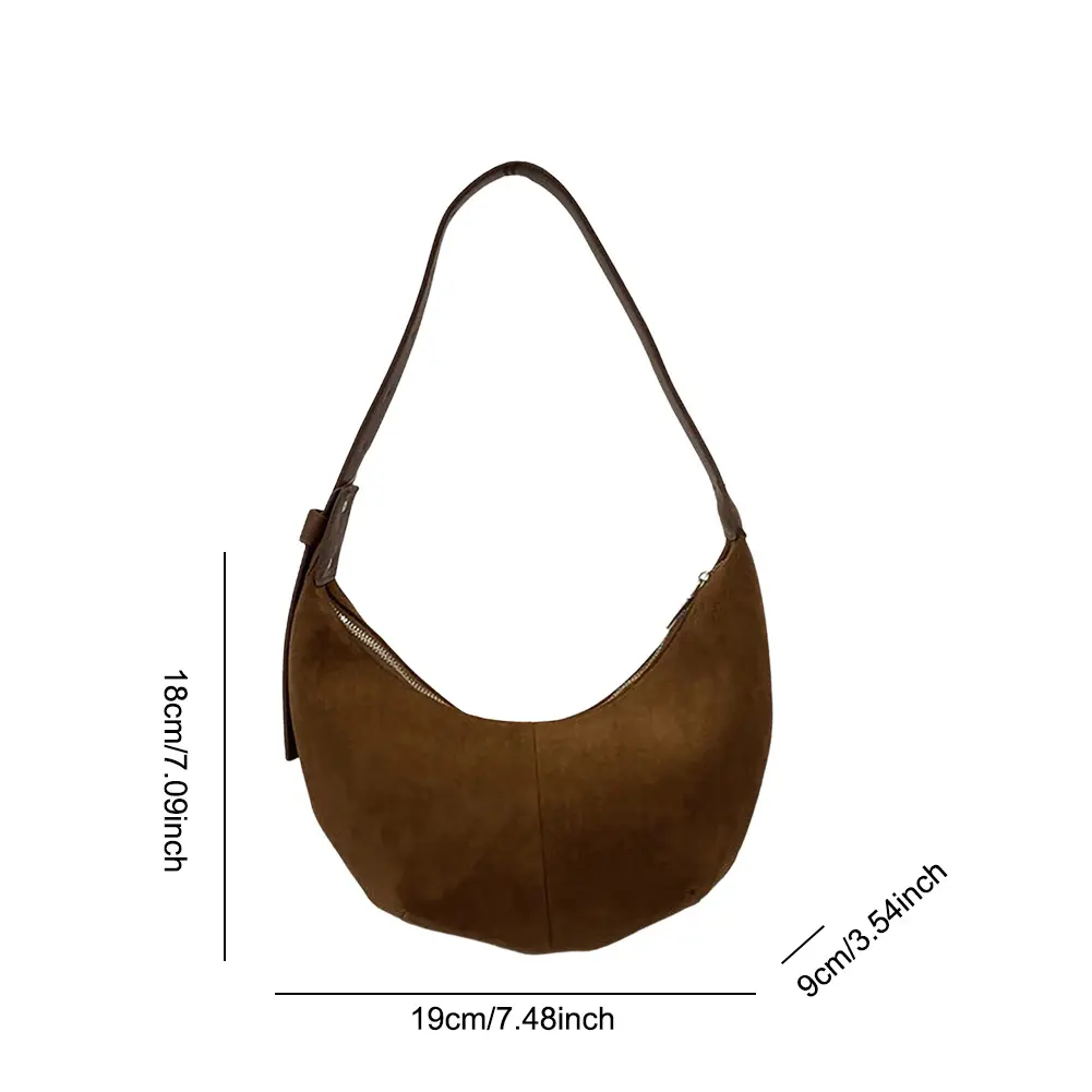 Women Suede Underarm Bag Zipper Closure Hobo Bag Solid Retro Handbag Trendy Clutch Purse for Work Travel
