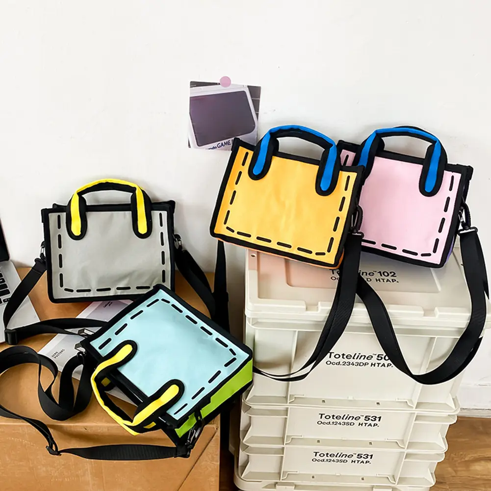 3D Drawing Novelty Top-Handle Bag Women's Contrast Colors Crossbody Bag 2D Comic Square Shoulder Bag Japanese Aesthetic Handbags