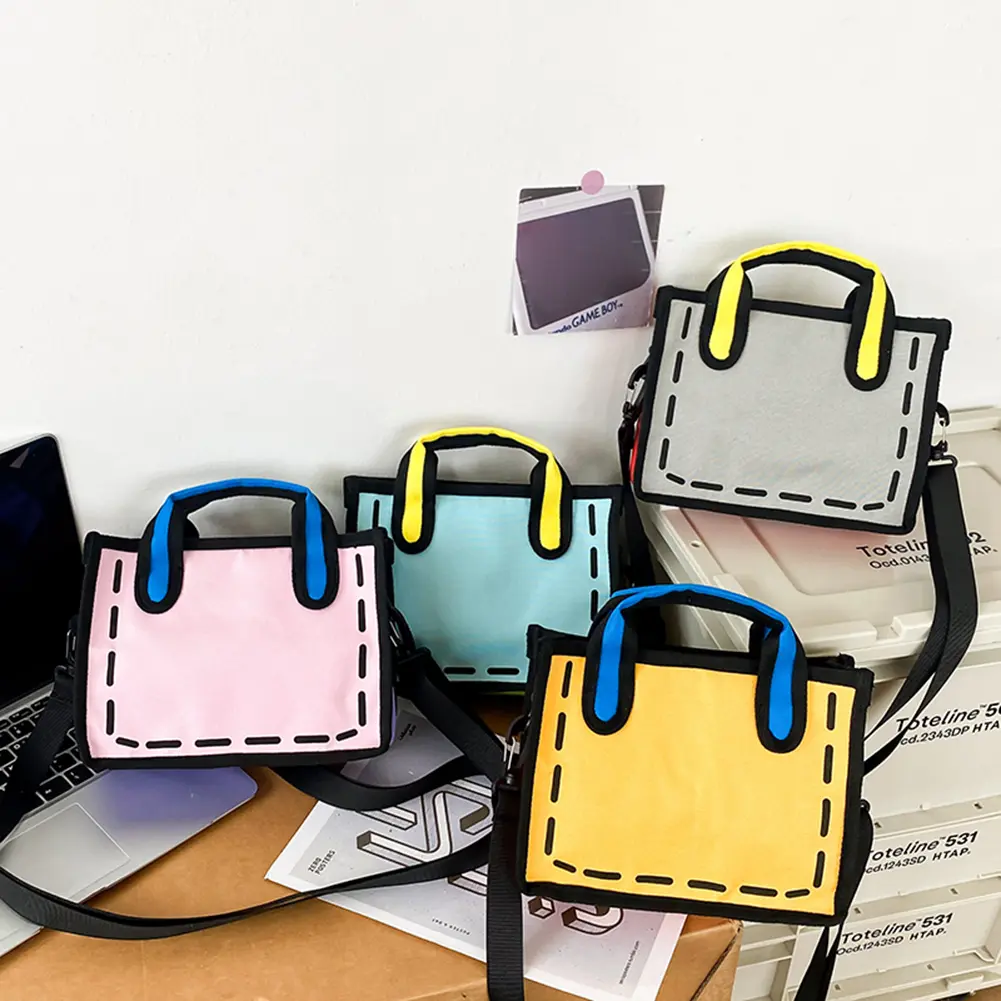3D Drawing Novelty Top-Handle Bag Women's Contrast Colors Crossbody Bag 2D Comic Square Shoulder Bag Japanese Aesthetic Handbags