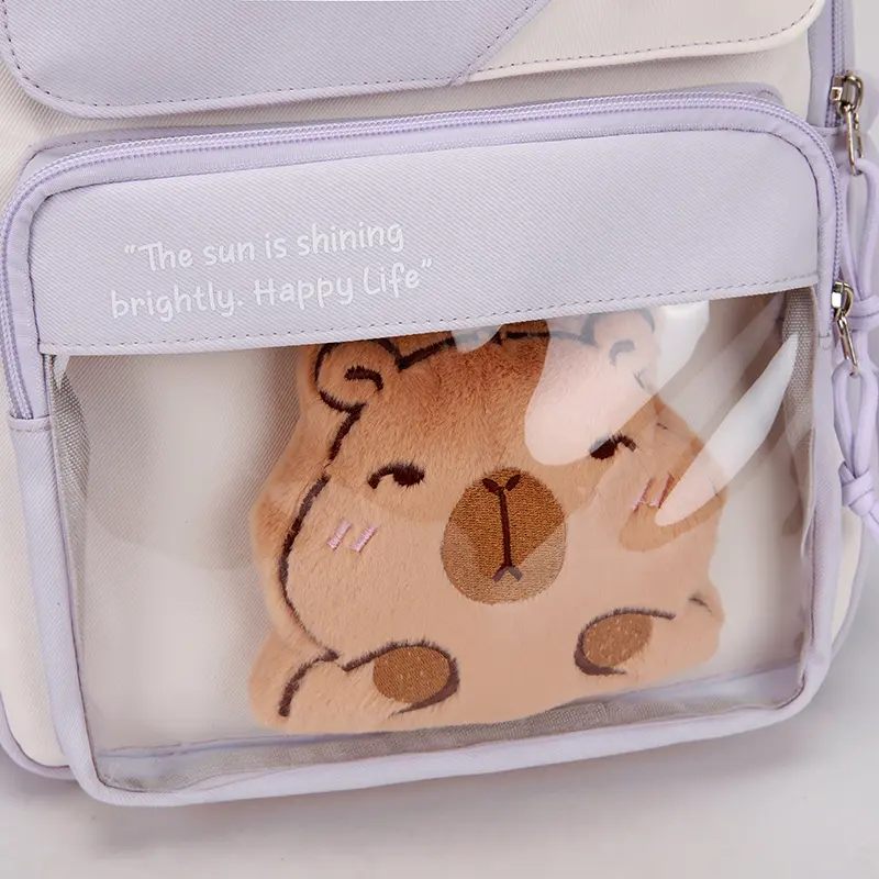 Capybara School Bag Large Capacity Cute Animal Bookbag Casual Rucksack Transparent Compartment Outdoor Nylon Travel Backpack