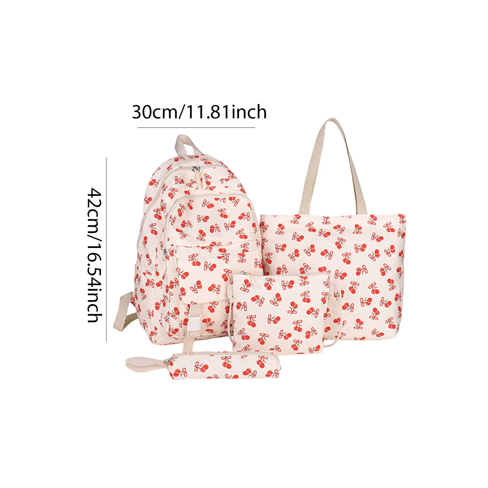4Pcs Schoolbag Set with Tote Bag and Pencil Case Large Capacity Travel Backpack Kawaii Fruit Daypack Fruit Pattern Rucksack