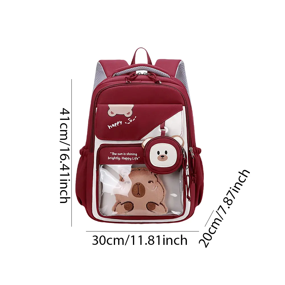 Capybara School Bag Large Capacity Cute Animal Bookbag Casual Rucksack Transparent Compartment Outdoor Nylon Travel Backpack