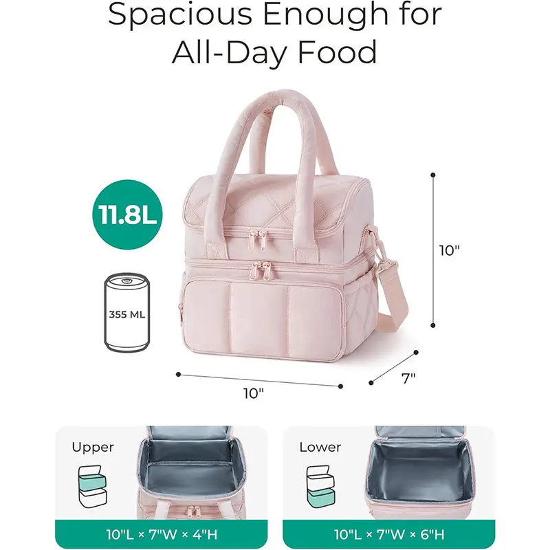 Insulated Lunch Bag Double Deck Quilted Handbag Leakproof Heat Preservation Picnic Box Reusable Large Capacity Shoulder Bags