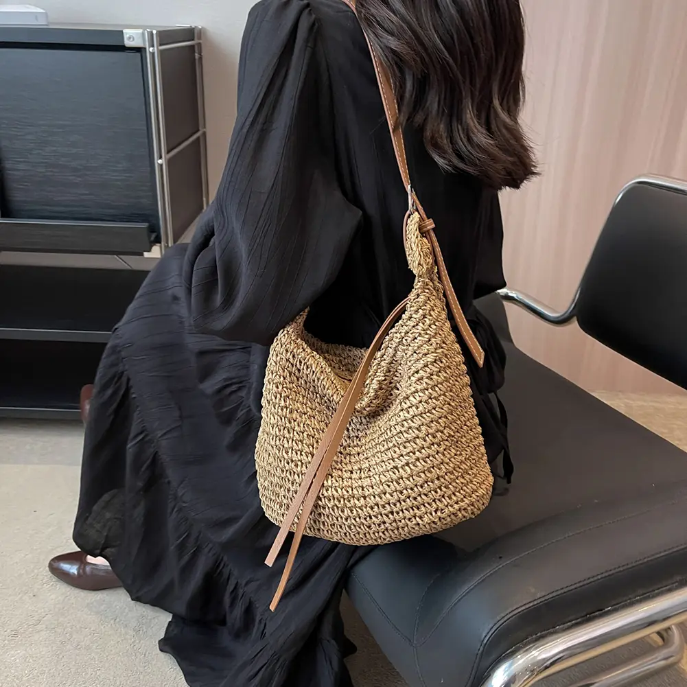 Straw Woven Satchel Summer Hand-Woven Paper Rope Messenger Bag Women's Weaving Beach Crossbody Bag Handmade Fashion Sling Purses