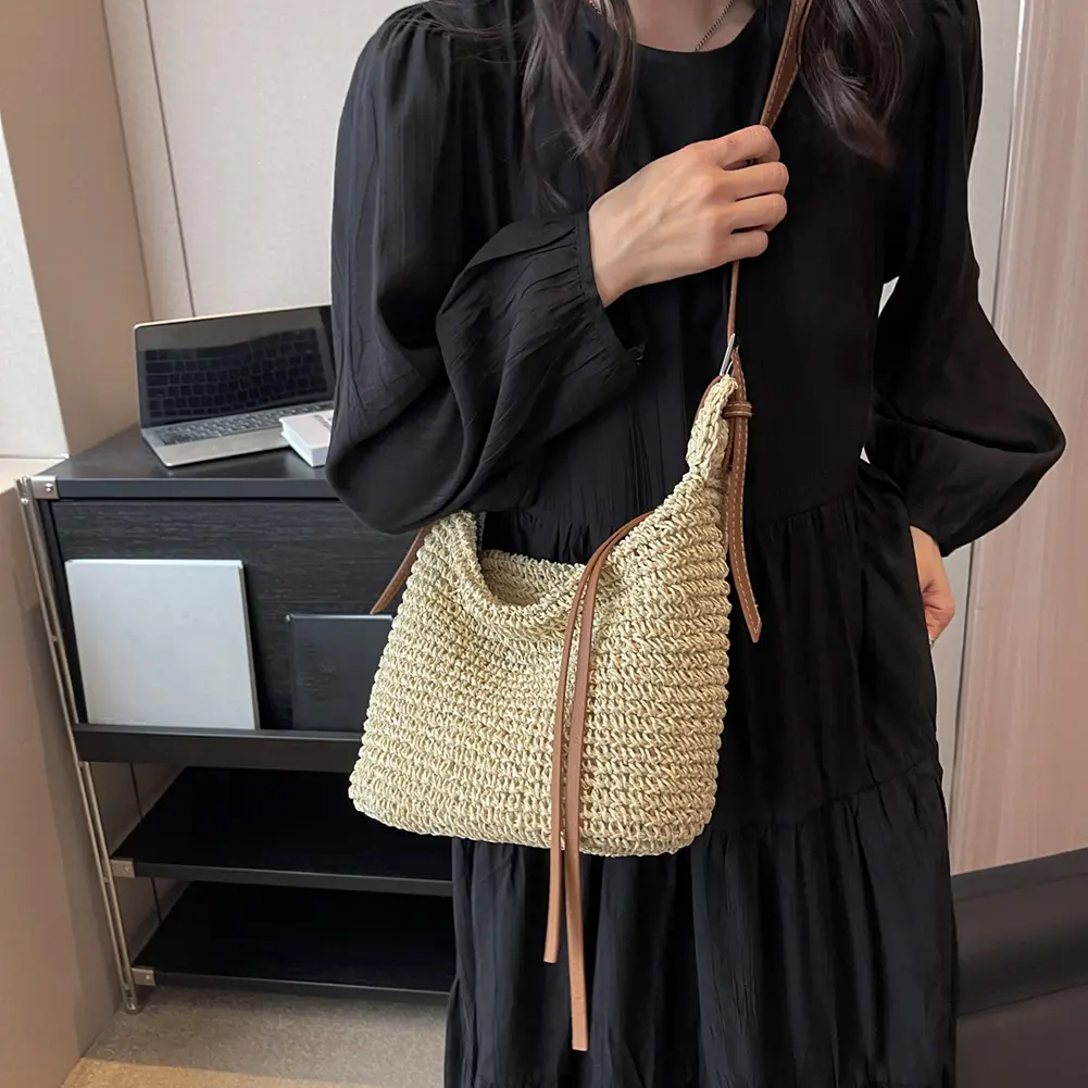 Straw Woven Satchel Summer Hand-Woven Paper Rope Messenger Bag Women's Weaving Beach Crossbody Bag Handmade Fashion Sling Purses