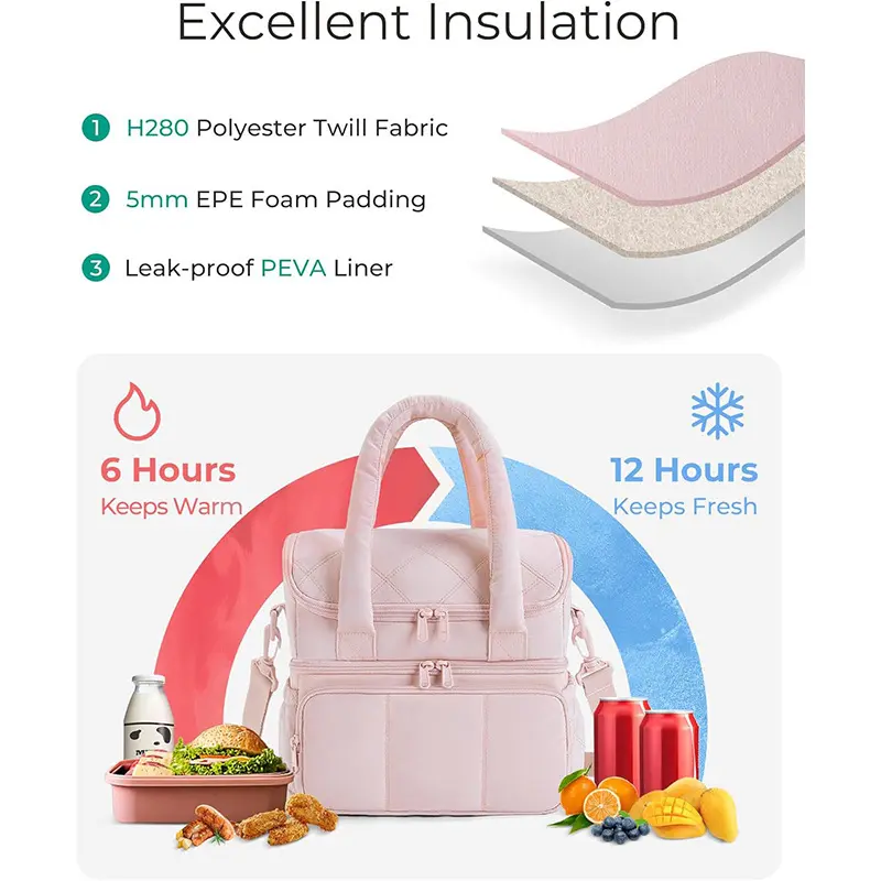 Insulated Lunch Bag Double Deck Quilted Handbag Leakproof Heat Preservation Picnic Box Reusable Large Capacity Shoulder Bags