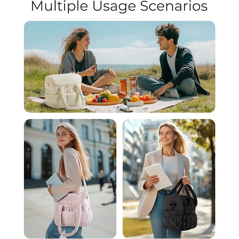 Insulated Lunch Bag Double Deck Quilted Handbag Leakproof Heat Preservation Picnic Box Reusable Large Capacity Shoulder Bags