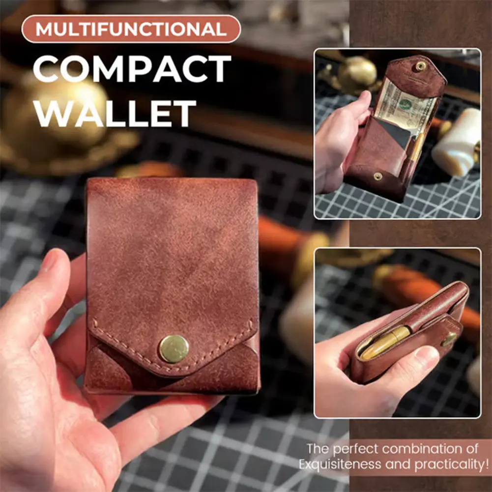 PU Leather Money Small Pocket Handmade Compact Wallet Pen Clip Case Bi-Fold ID Card Holder Portable Waterproof Daily Organizer