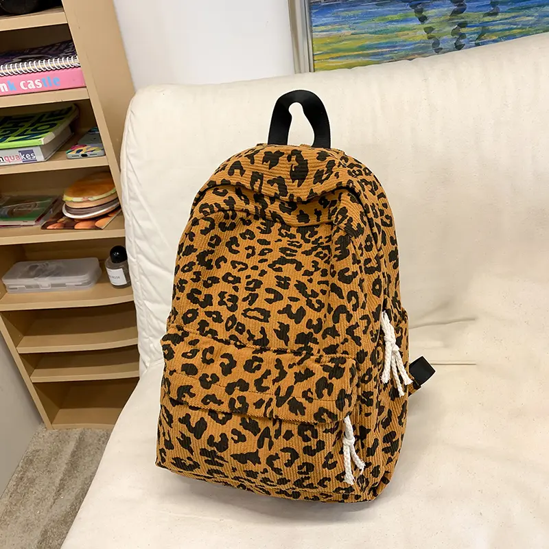 Corduroy Leopard Backpack Fashion Students Bookbag Large Capacity Stylish Shoulder Backpack Multi Pockets Outdoor Travel Bag