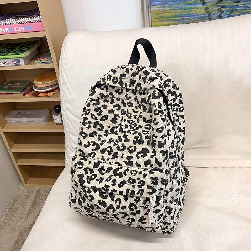 Corduroy Leopard Backpack Fashion Students Bookbag Large Capacity Stylish Shoulder Backpack Multi Pockets Outdoor Travel Bag