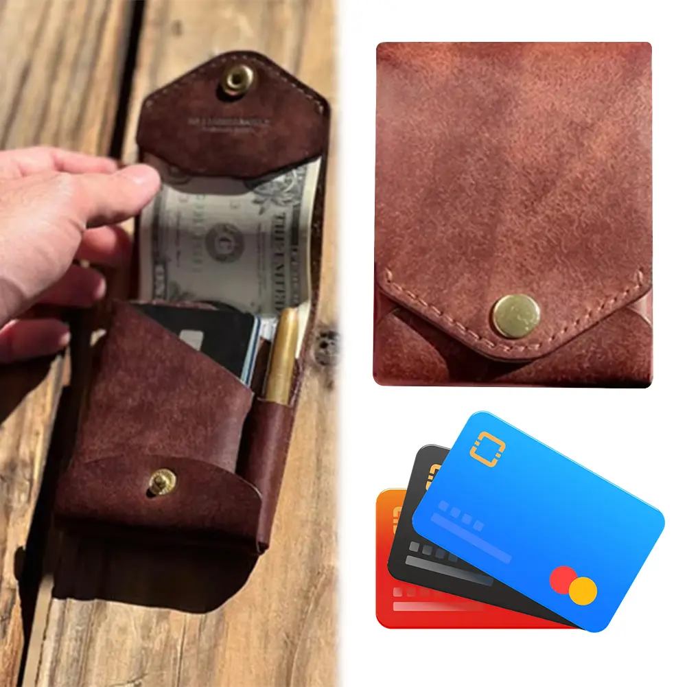 PU Leather Money Small Pocket Handmade Compact Wallet Pen Clip Case Bi-Fold ID Card Holder Portable Waterproof Daily Organizer