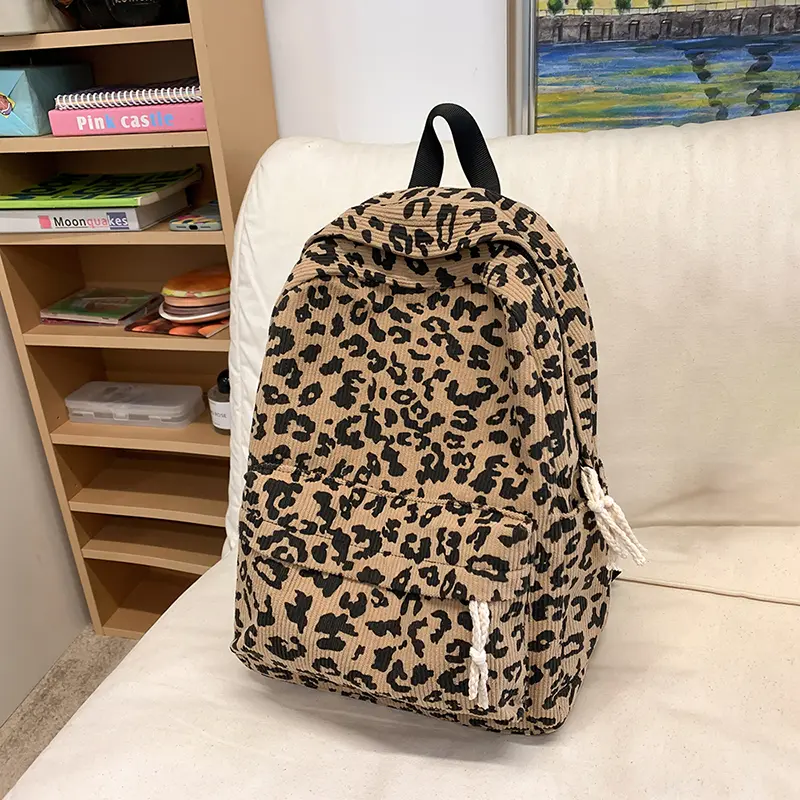Corduroy Leopard Backpack Fashion Students Bookbag Large Capacity Stylish Shoulder Backpack Multi Pockets Outdoor Travel Bag