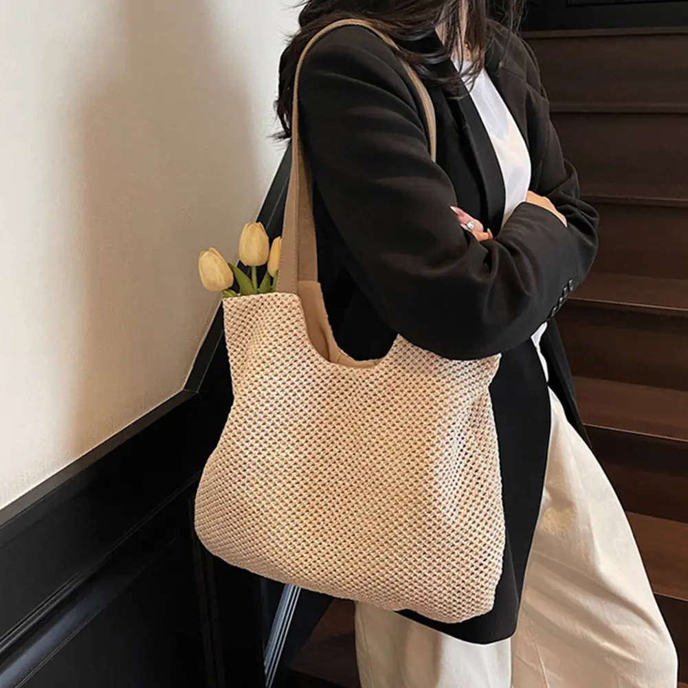 Women Straw Tote Handbag Large Capacity Armpit Bags Trendy Hand Woven Shoulder Bag Ladies Travel Shopping Work Underarm Pouch