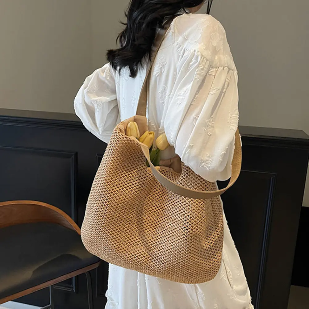 Women Straw Tote Handbag Large Capacity Armpit Bags Trendy Hand Woven Shoulder Bag Ladies Travel Shopping Work Underarm Pouch