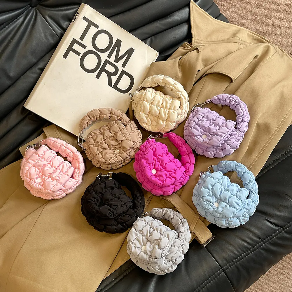 Mini Puffer Tote Bag for Women Quilted Wrist Handbag Nylon Padded Phone Purse Clutch Purse for Work Travel Shopping