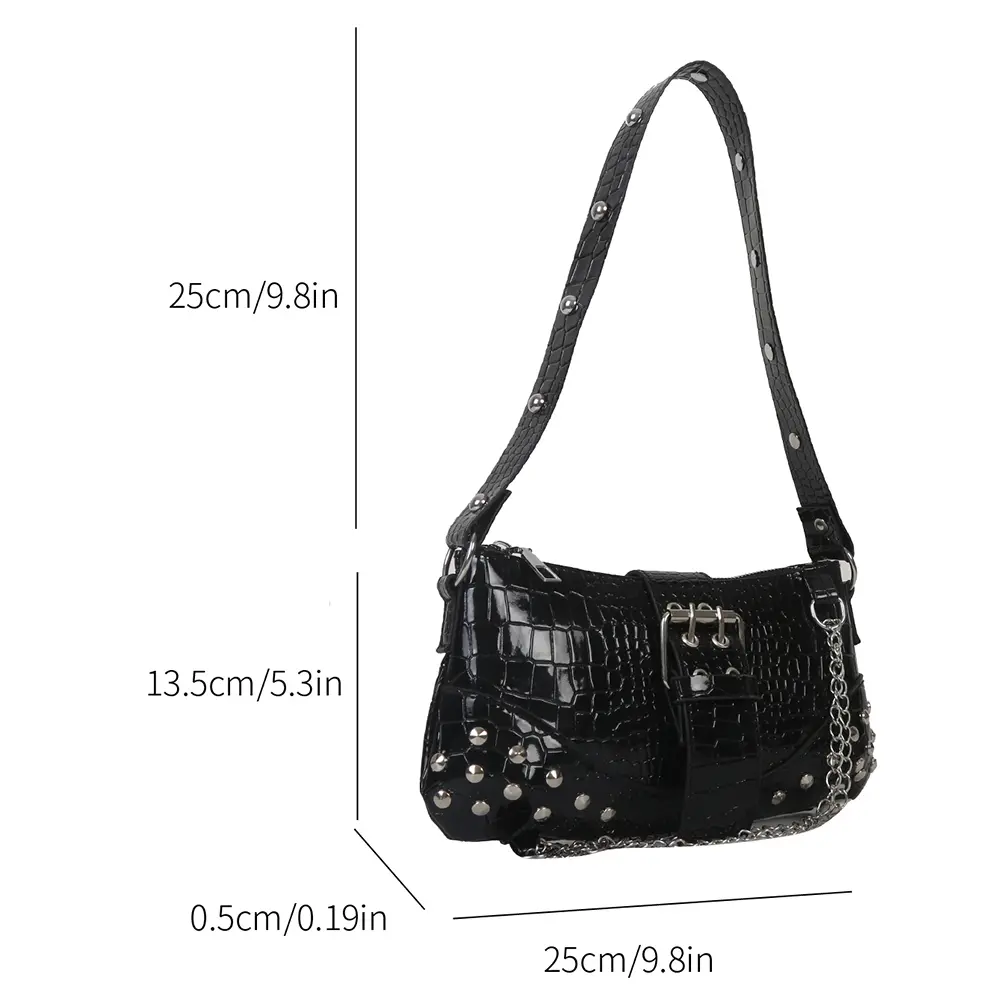 Women Shiny Fashion Shopping Bag Gothic Ladies Bag Cool Style Trendy Armpit Bag Rock Girls Handbag Y2K Rivet Chain Hobo Bag