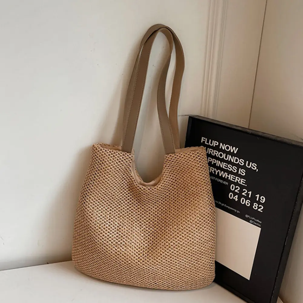 Women Straw Tote Handbag Large Capacity Armpit Bags Trendy Hand Woven Shoulder Bag Ladies Travel Shopping Work Underarm Pouch