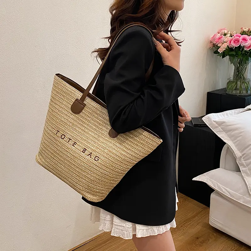 Straw Woven Shoulder Bag Beach Tote Bag Hand-Woven Basket Handbag Luxury Large Capacity Underarm Pouch Vacation Shopping Bags