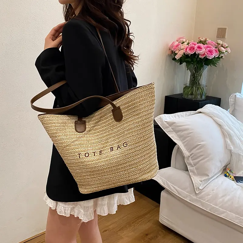 Straw Woven Shoulder Bag Beach Tote Bag Hand-Woven Basket Handbag Luxury Large Capacity Underarm Pouch Vacation Shopping Bags