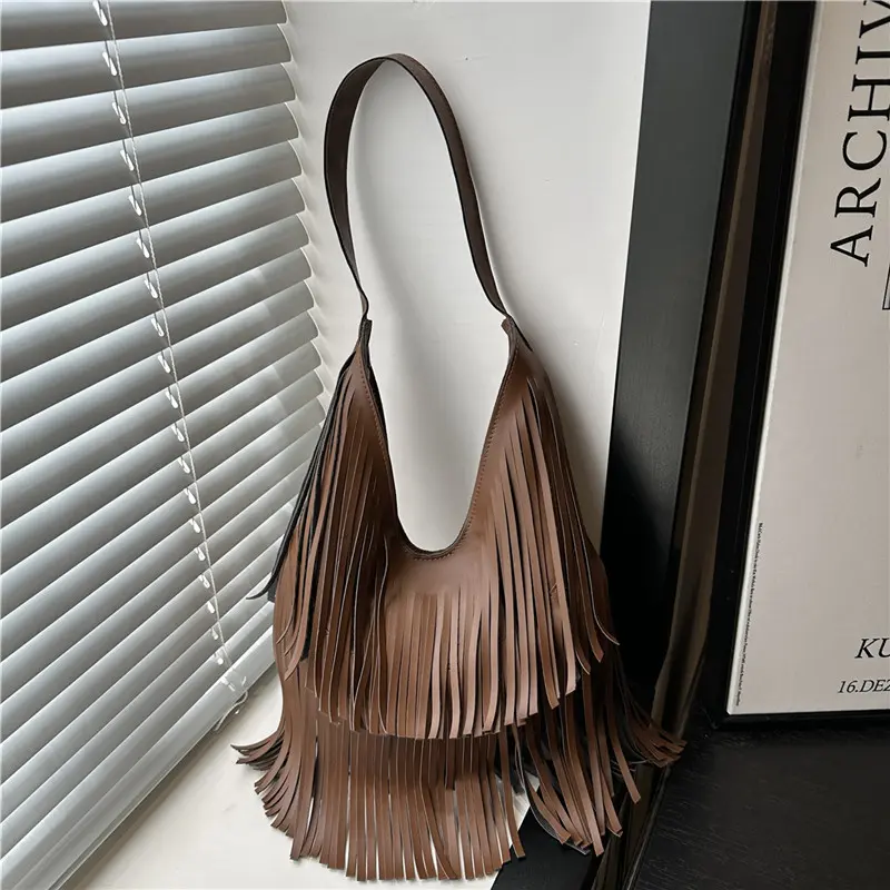 Women Shoulder Bag Long Tassel Large Capacity Casual Soft Leather Tote Handbag Solid Color Leisure Travel Party Crossbody Bags