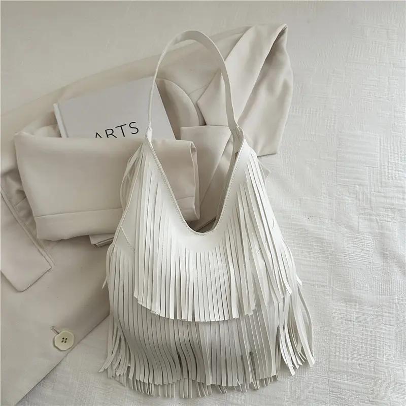 Women Shoulder Bag Long Tassel Large Capacity Casual Soft Leather Tote Handbag Solid Color Leisure Travel Party Crossbody Bags