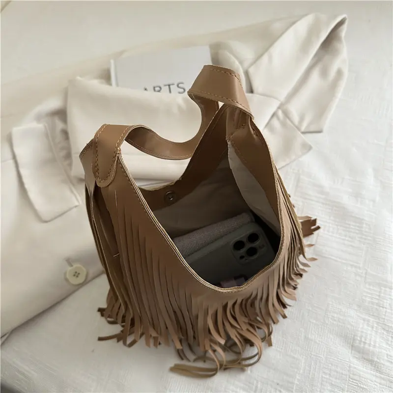 Women Shoulder Bag Long Tassel Large Capacity Casual Soft Leather Tote Handbag Solid Color Leisure Travel Party Crossbody Bags