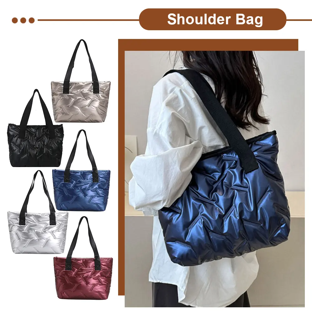 Winter Quilted Underarm Bags Women Puffer Outdoor Shoulder Bag Large Capacity Casual Tote Bag Female Solid Color Top-Handle Bags