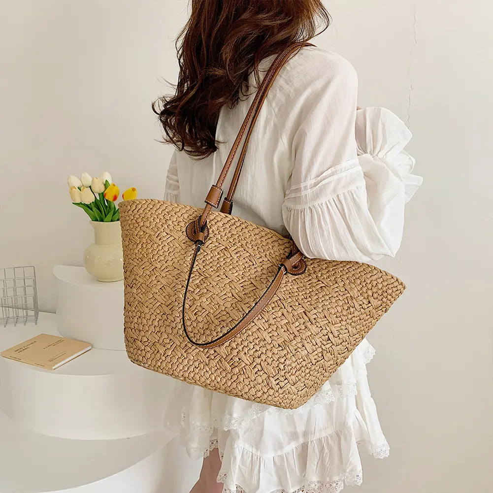 Summer Straw Weaving Tote Bag Women's Beach Bags Large Capacity Braiding Shoulder Bag Ladies Handmade Woven Underarm Bag Handbag