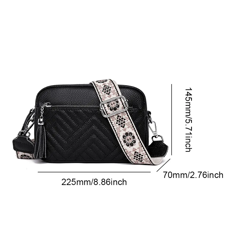 Classic Embroidered Thread Square Satchel Quilted Shoulder Bag Genuine Leather Camera Bags Retro Guitar Strap Mobile Phone Pouch