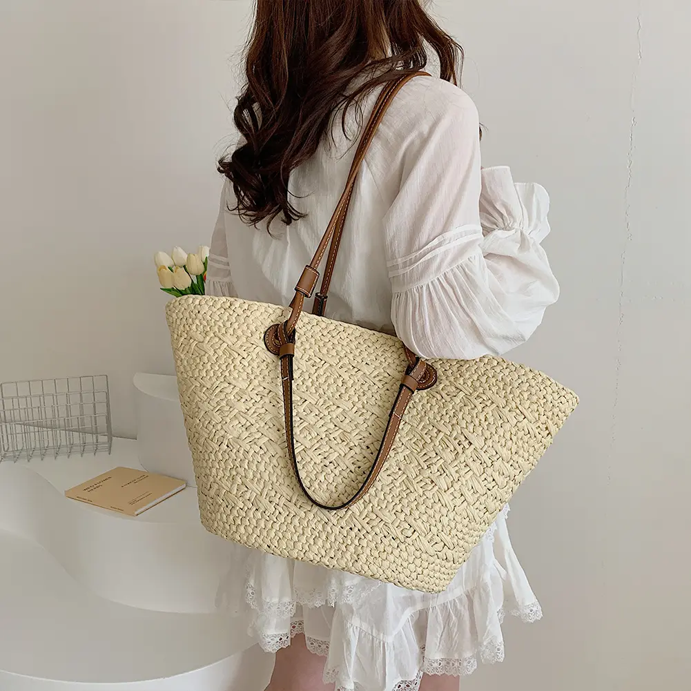 Summer Straw Weaving Tote Bag Women's Beach Bags Large Capacity Braiding Shoulder Bag Ladies Handmade Woven Underarm Bag Handbag