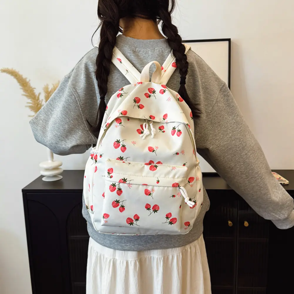 Elegant Backpack Strawberry Adjustable Strap Nylon Bookbag Large Capacity Daypack Cute Rucksack Shopping Work Trip Schoolbag