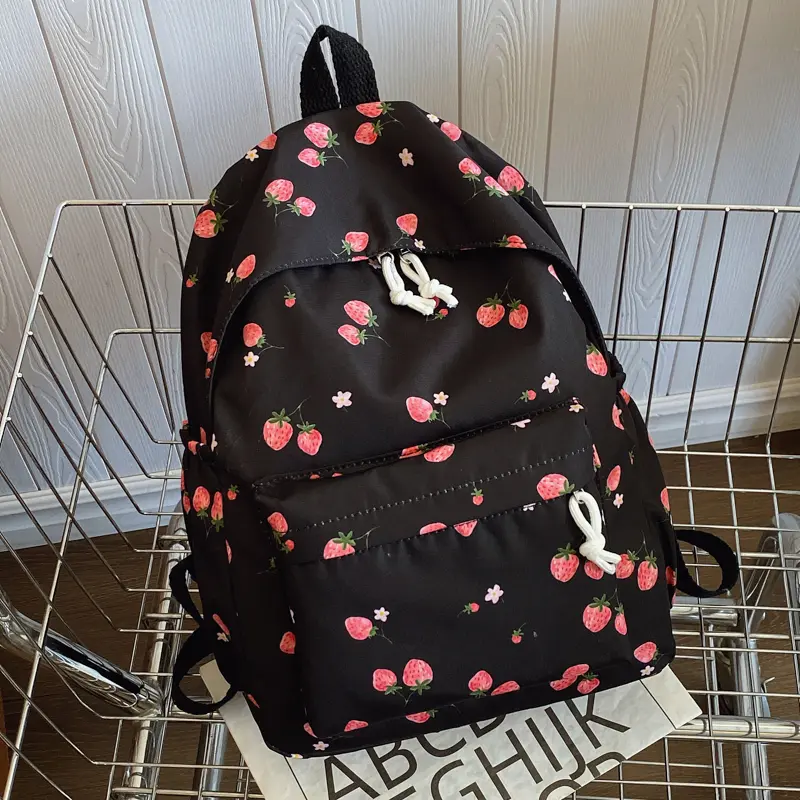 Elegant Backpack Strawberry Adjustable Strap Nylon Bookbag Large Capacity Daypack Cute Rucksack Shopping Work Trip Schoolbag