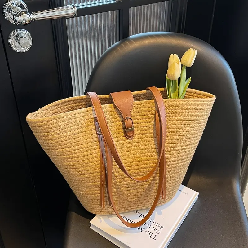Straw Shoulder Bag Woven Beach Bag Seaside Knitting Handbag Large Capacity Braided Bag Weaving Tote Bag Casual Underarm Pouch