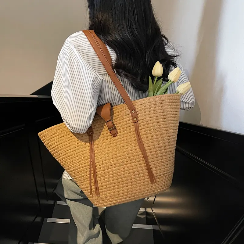 Straw Shoulder Bag Woven Beach Bag Seaside Knitting Handbag Large Capacity Braided Bag Weaving Tote Bag Casual Underarm Pouch