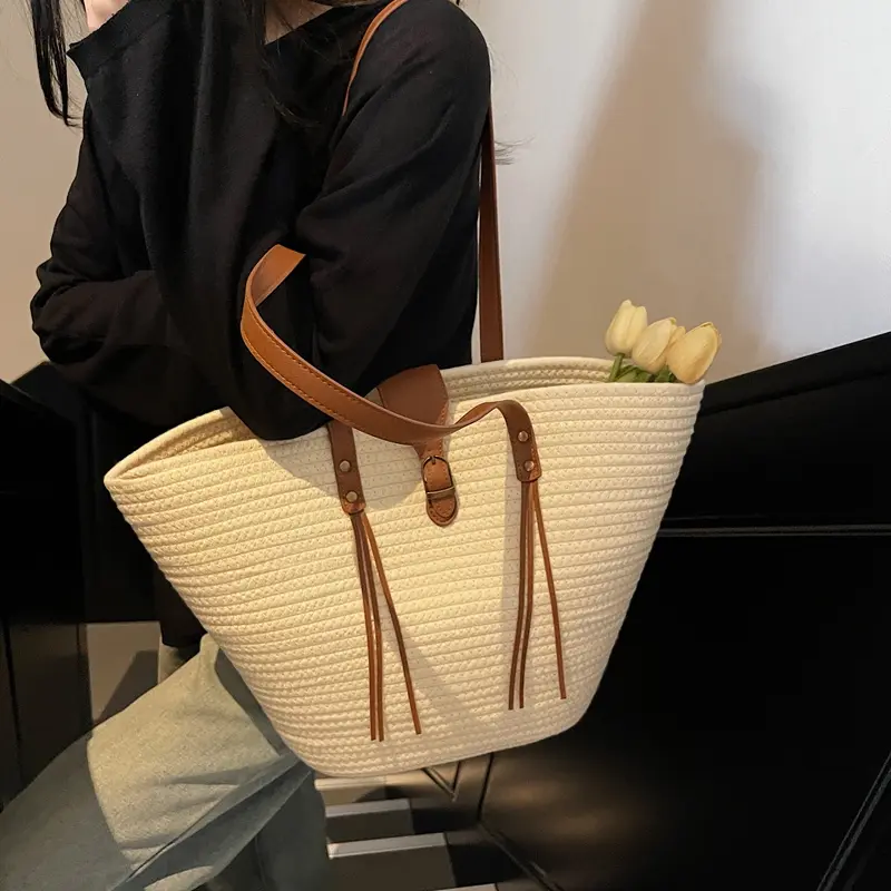 Straw Shoulder Bag Woven Beach Bag Seaside Knitting Handbag Large Capacity Braided Bag Weaving Tote Bag Casual Underarm Pouch