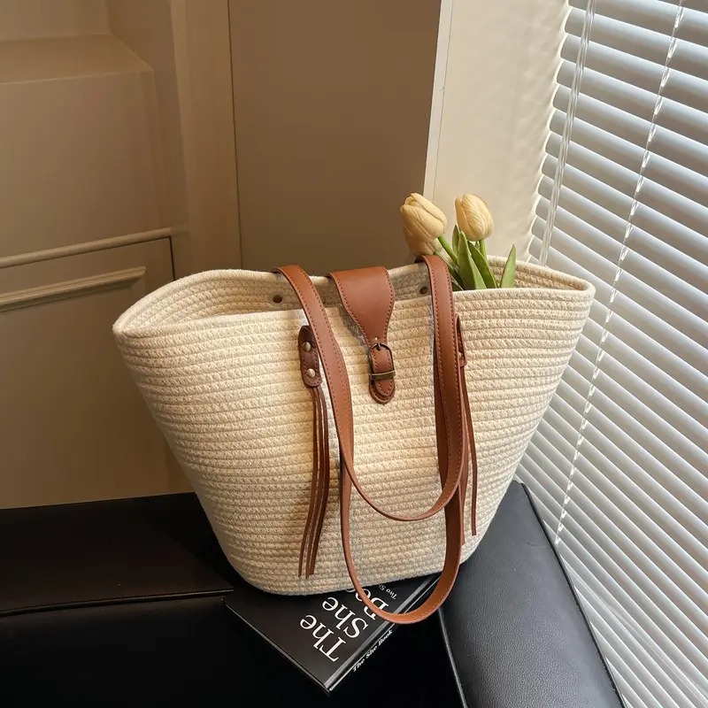 Straw Shoulder Bag Woven Beach Bag Seaside Knitting Handbag Large Capacity Braided Bag Weaving Tote Bag Casual Underarm Pouch