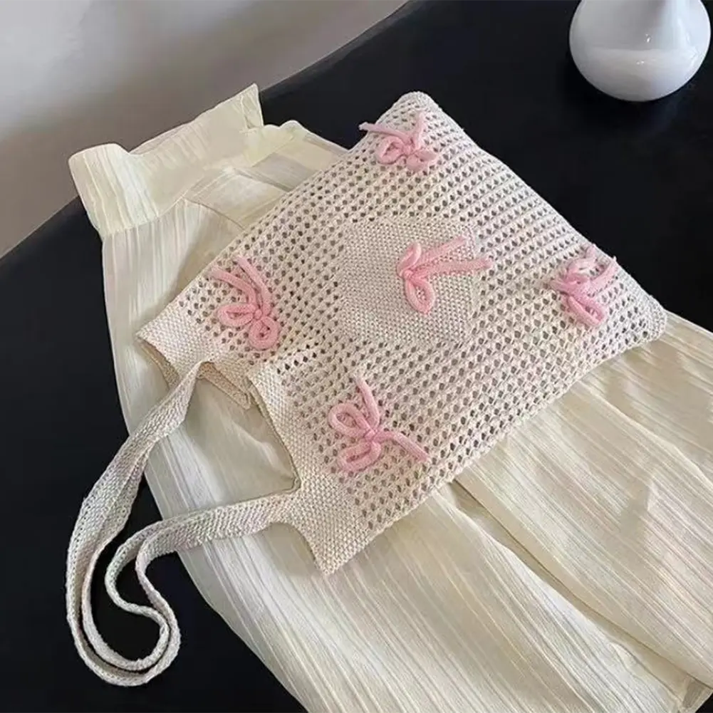 Women Bow Hollow Out Tote Bag Casual Beach Crochet Bowknot Tote Bag Cute Knitted Shoulder Bag Girls Hobo Bags for Holiday Travel