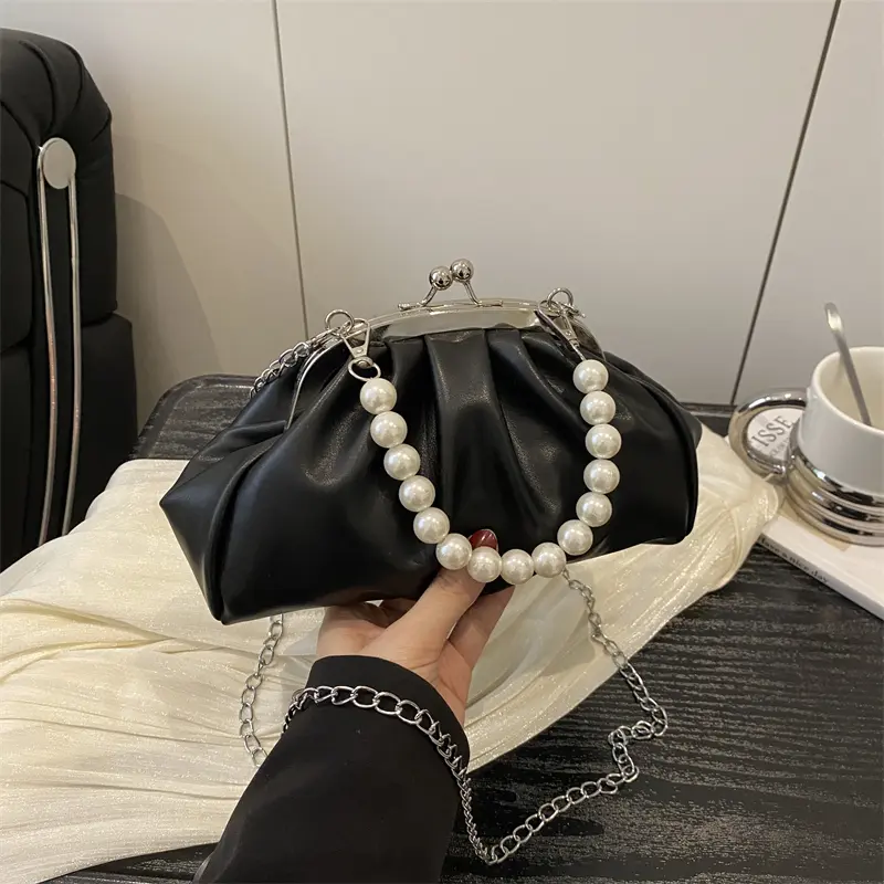 Lady's Pearl Chain Evening Bag Pleated Clouds Handbag Shell Clip Crossbody Bags Soft Leather Shoulder Bag Luxury Clutch Purse