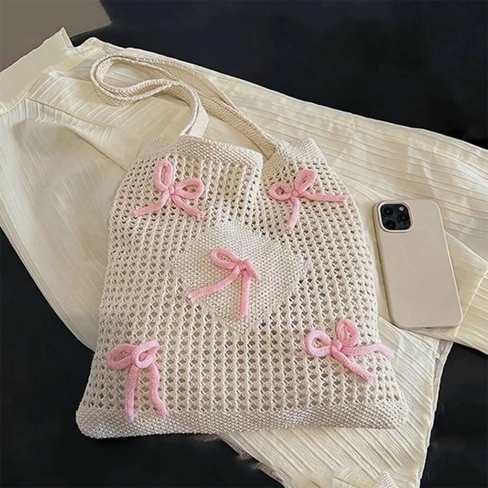 Women Bow Hollow Out Tote Bag Casual Beach Crochet Bowknot Tote Bag Cute Knitted Shoulder Bag Girls Hobo Bags for Holiday Travel