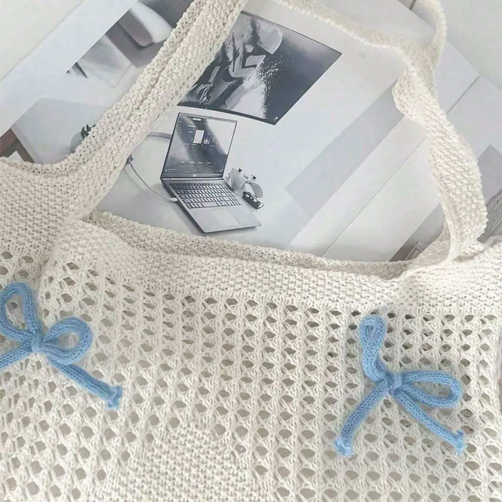 Women Bow Hollow Out Tote Bag Casual Beach Crochet Bowknot Tote Bag Cute Knitted Shoulder Bag Girls Hobo Bags for Holiday Travel
