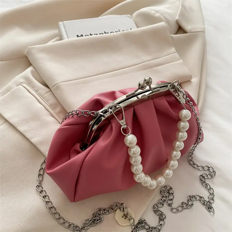 Lady's Pearl Chain Evening Bag Pleated Clouds Handbag Shell Clip Crossbody Bags Soft Leather Shoulder Bag Luxury Clutch Purse