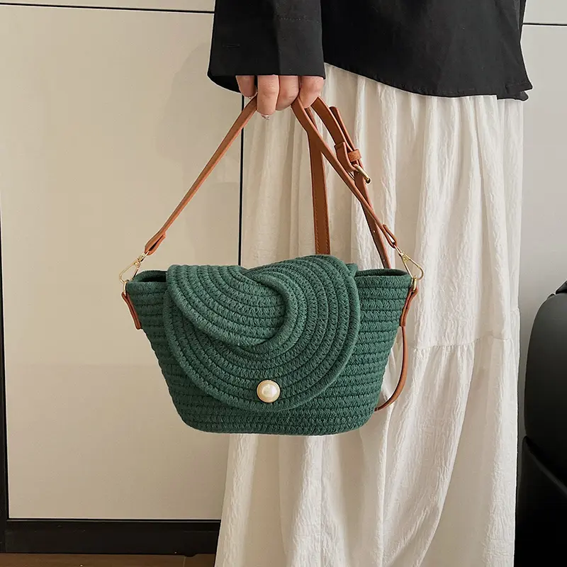 Ladies Cotton Shoulder Bag Wear Resist Elegant Sling Bag Large Capacity Trendy Crossbody Bags Summer Beach Basket Satchel Bag