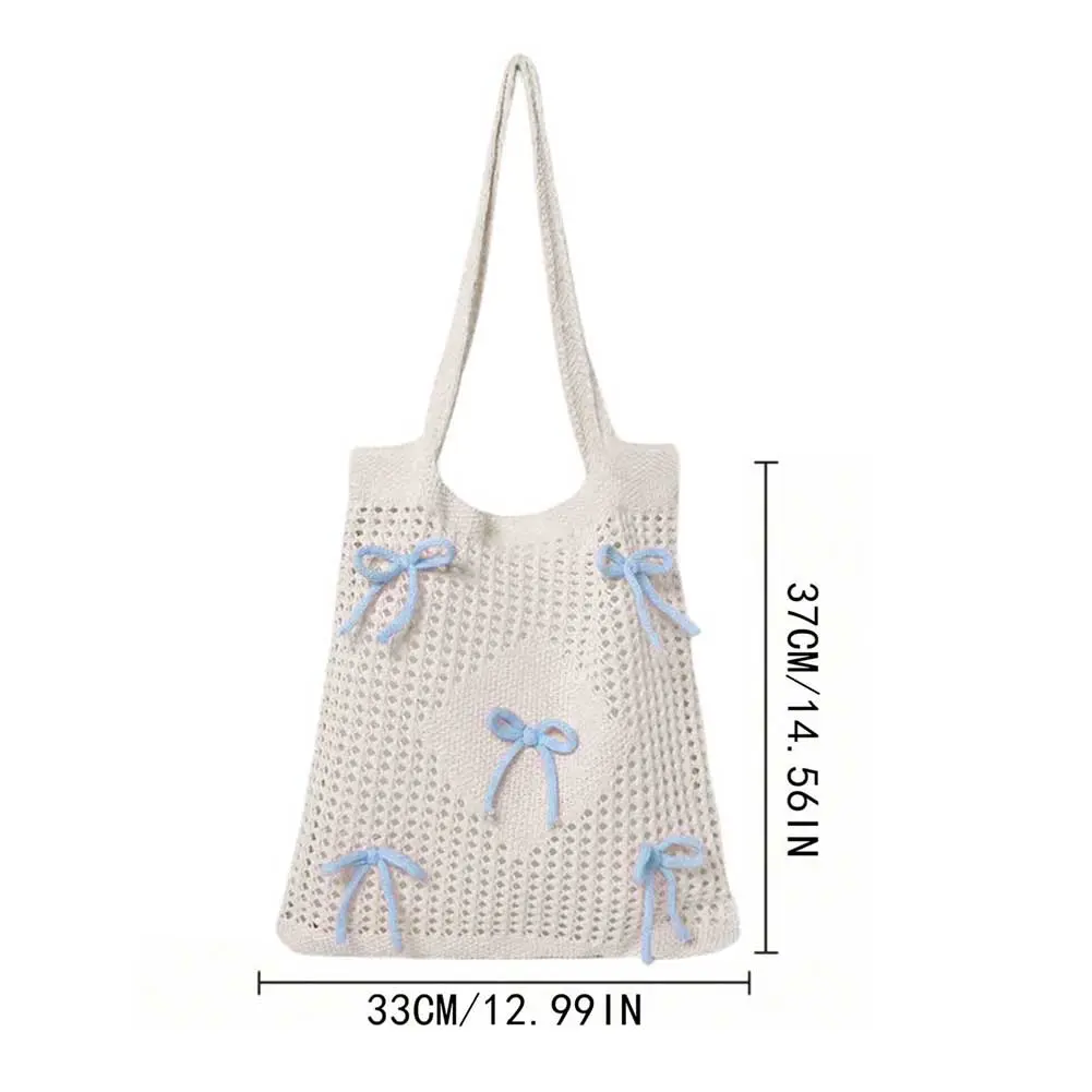 Women Bow Hollow Out Tote Bag Casual Beach Crochet Bowknot Tote Bag Cute Knitted Shoulder Bag Girls Hobo Bags for Holiday Travel