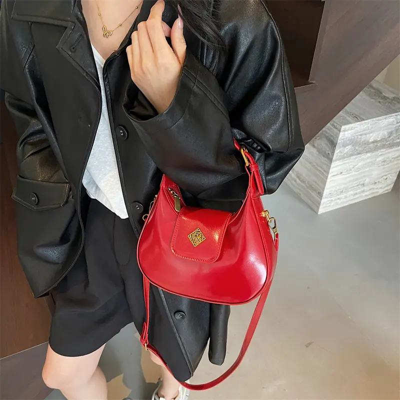 PU Leather Crossbody Shoulder Bags Solid Color Elegant Underarm Pouch Detachable Strap Crescent Handbag Date Party Saddle Bag