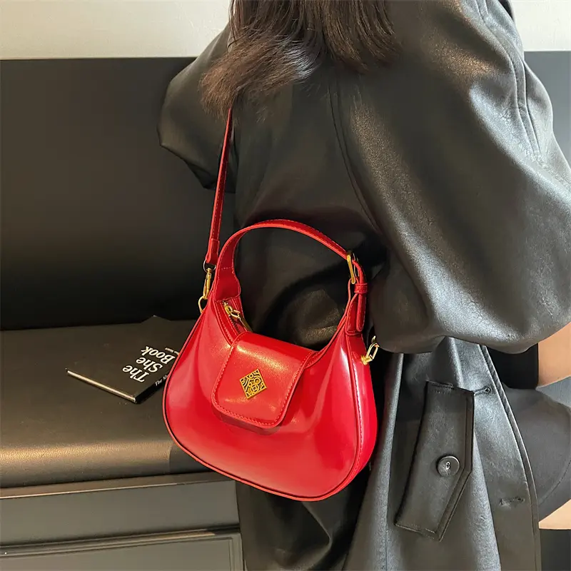 PU Leather Crossbody Shoulder Bags Solid Color Elegant Underarm Pouch Detachable Strap Crescent Handbag Date Party Saddle Bag