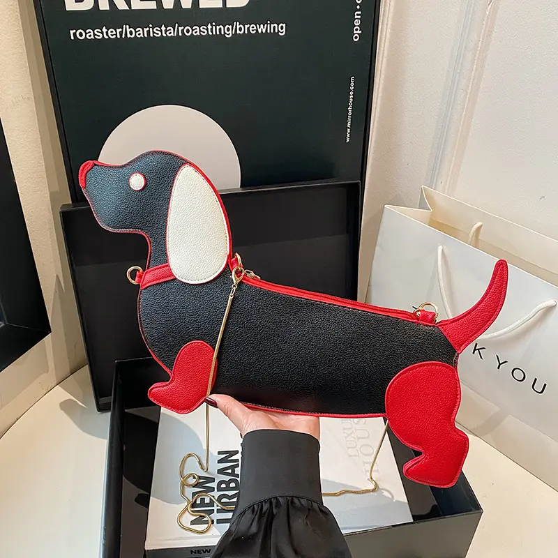 Cartoon Dog Design Shoulder Bag for Women's PU Leather Crossbody Bags with Chain Personalized Zipper Evening Party Purse Satchel