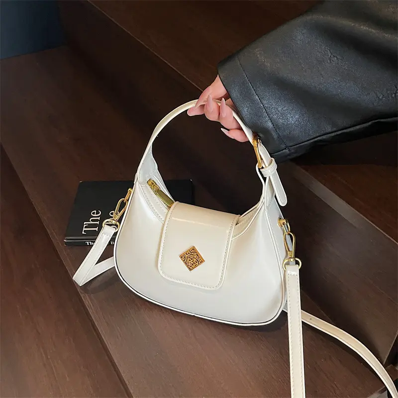 PU Leather Crossbody Shoulder Bags Solid Color Elegant Underarm Pouch Detachable Strap Crescent Handbag Date Party Saddle Bag