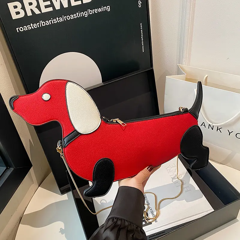 Cartoon Dog Design Shoulder Bag for Women's PU Leather Crossbody Bags with Chain Personalized Zipper Evening Party Purse Satchel
